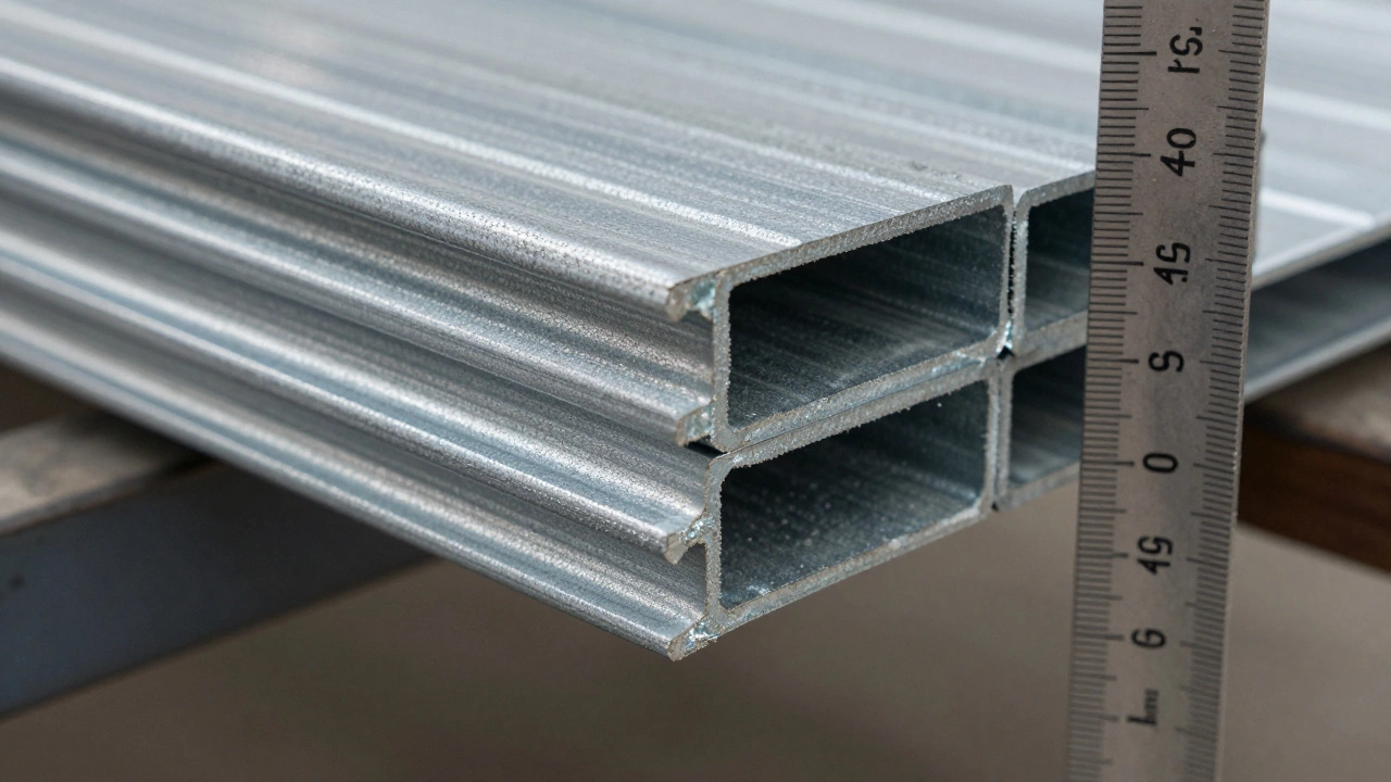 Разрез профнастила: сравнение толщины 0,45 мм и 0,6 мм с линейкой, видна структура металла.