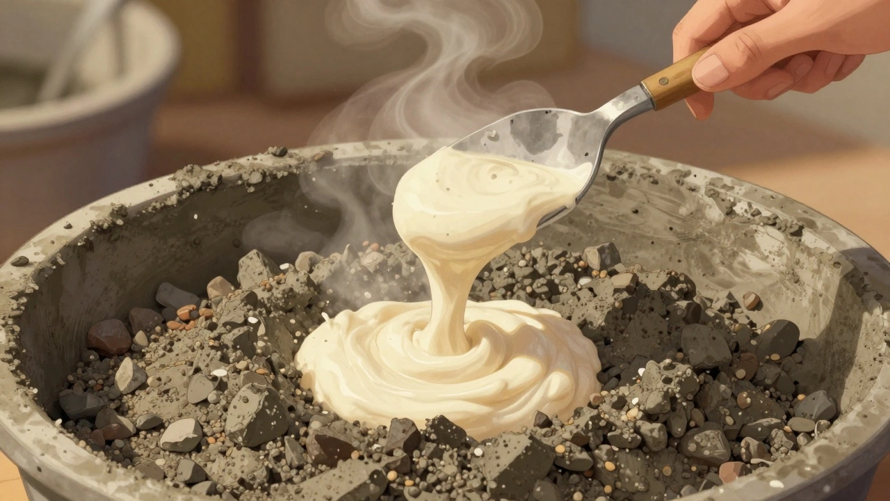 Рука добавляет воду в бетонную смесь, проверяя консистенцию на лопате.