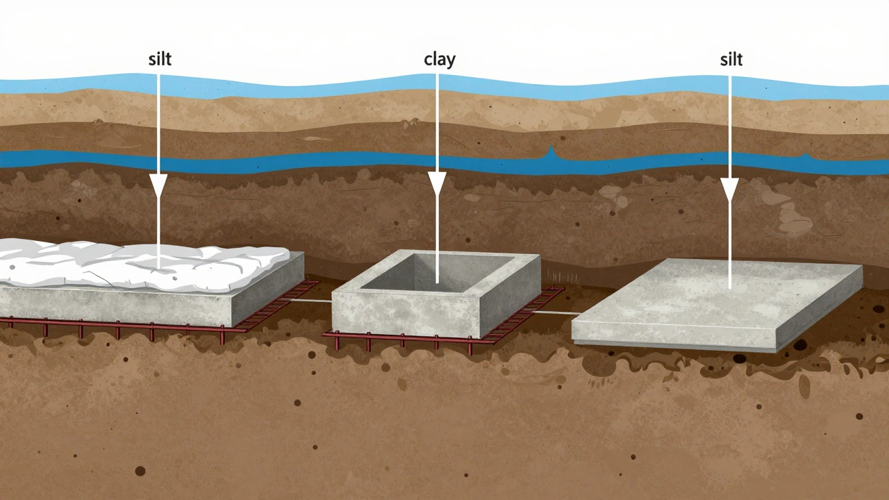 Схематичное сравнение трех типов фундаментов: ленточного, столбчатого и плитного на разных грунтах.
