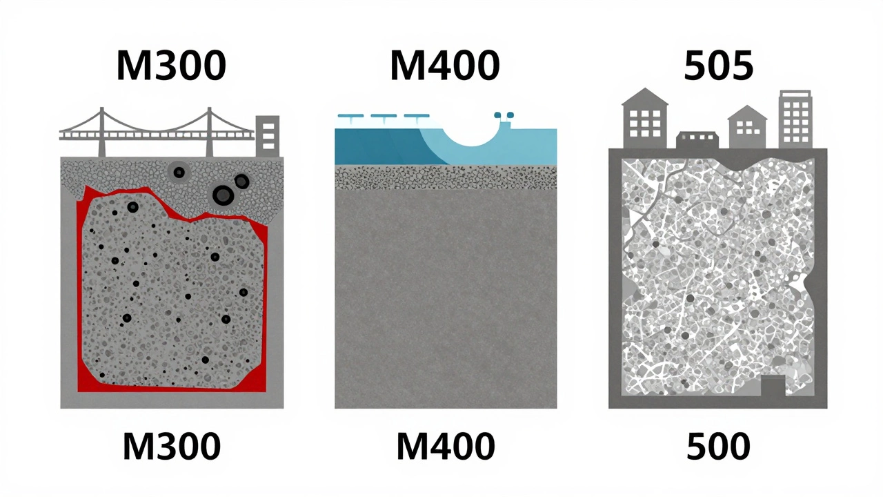 Сравнение микроструктуры цементов М300, М400 и М500 с указанием прочности и областей применения.