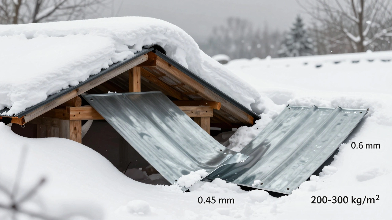Сравнение: тонкий профнастил прогибается под снегом, а толстый остается прочным.