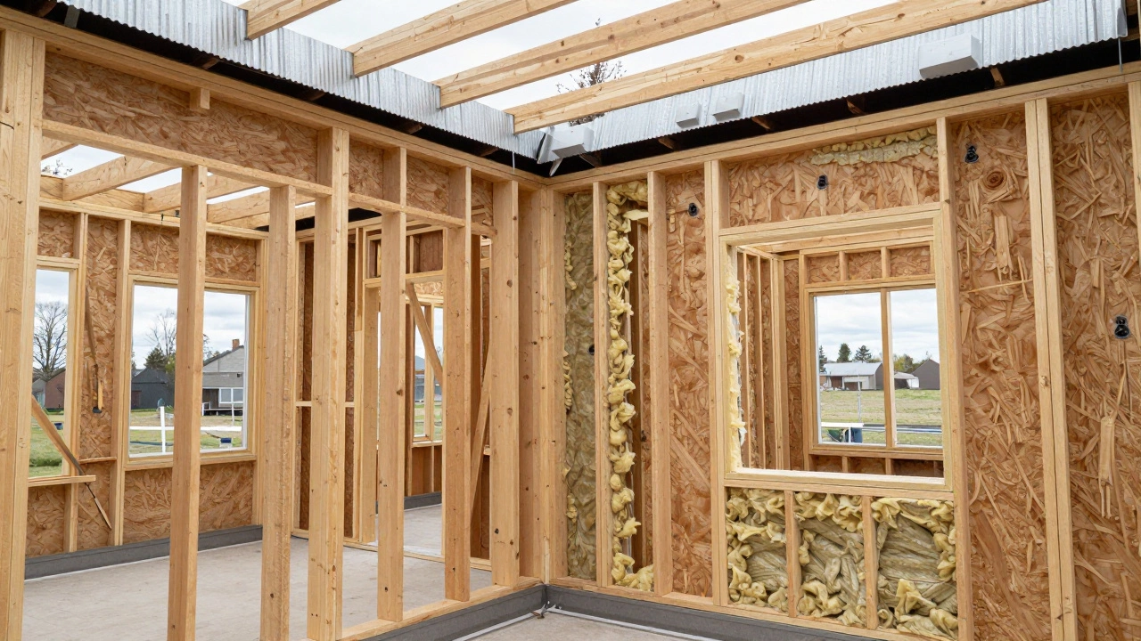 Стены дома с установленной кровлей и утеплением, рабочие монтируют окна с герметизацией.