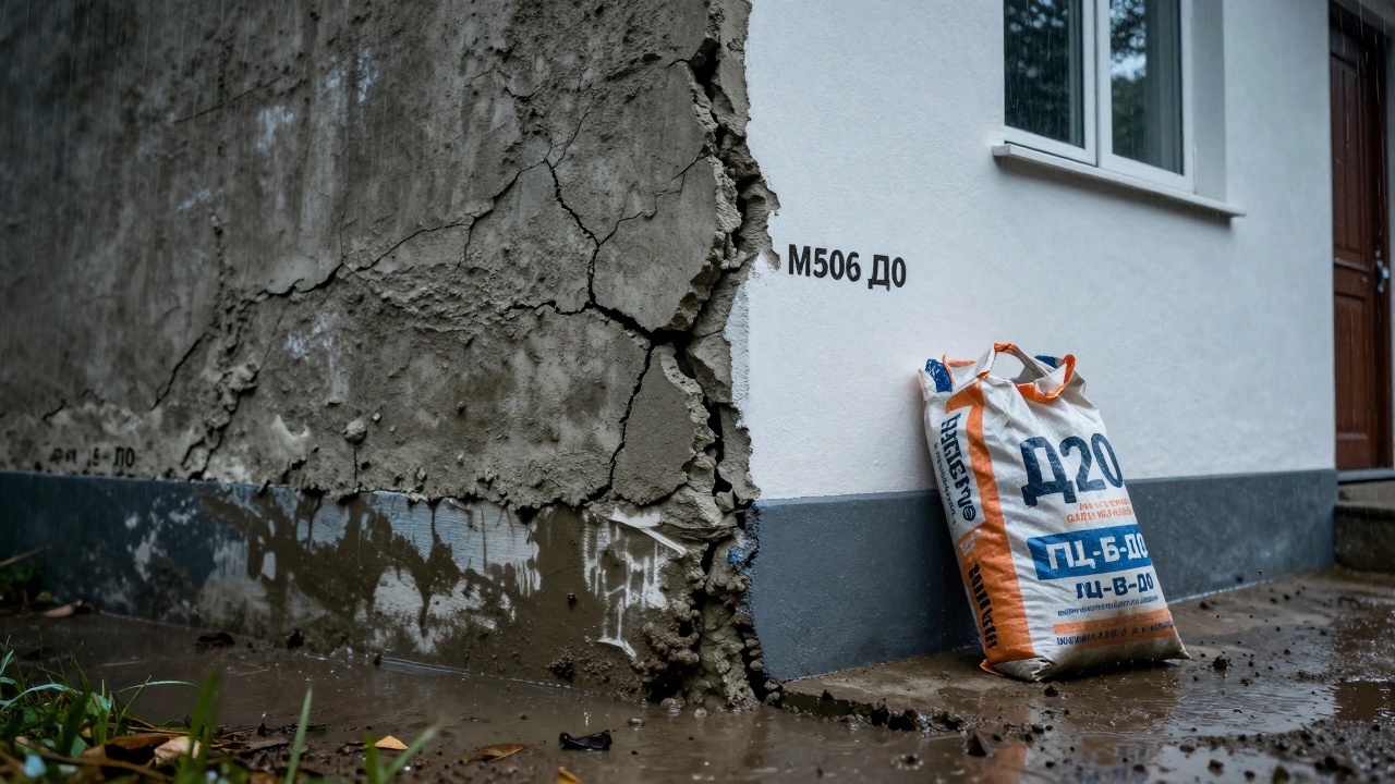 Трещины в фундаменте из поддельного цемента рядом с целым фундаментом из М500 Д0, дождь, мокрая земля.