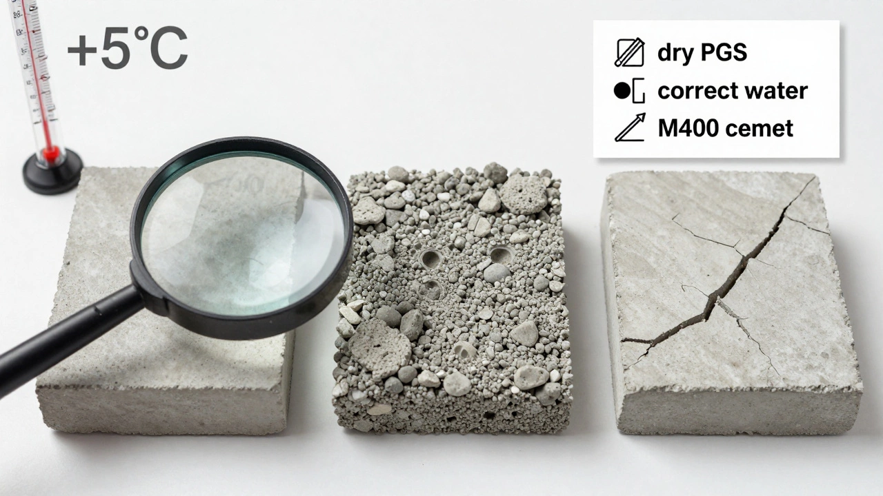 Три образца бетона: правильный, с избытком воды и с перебором цемента — сравнение качества при строительстве фундамента.