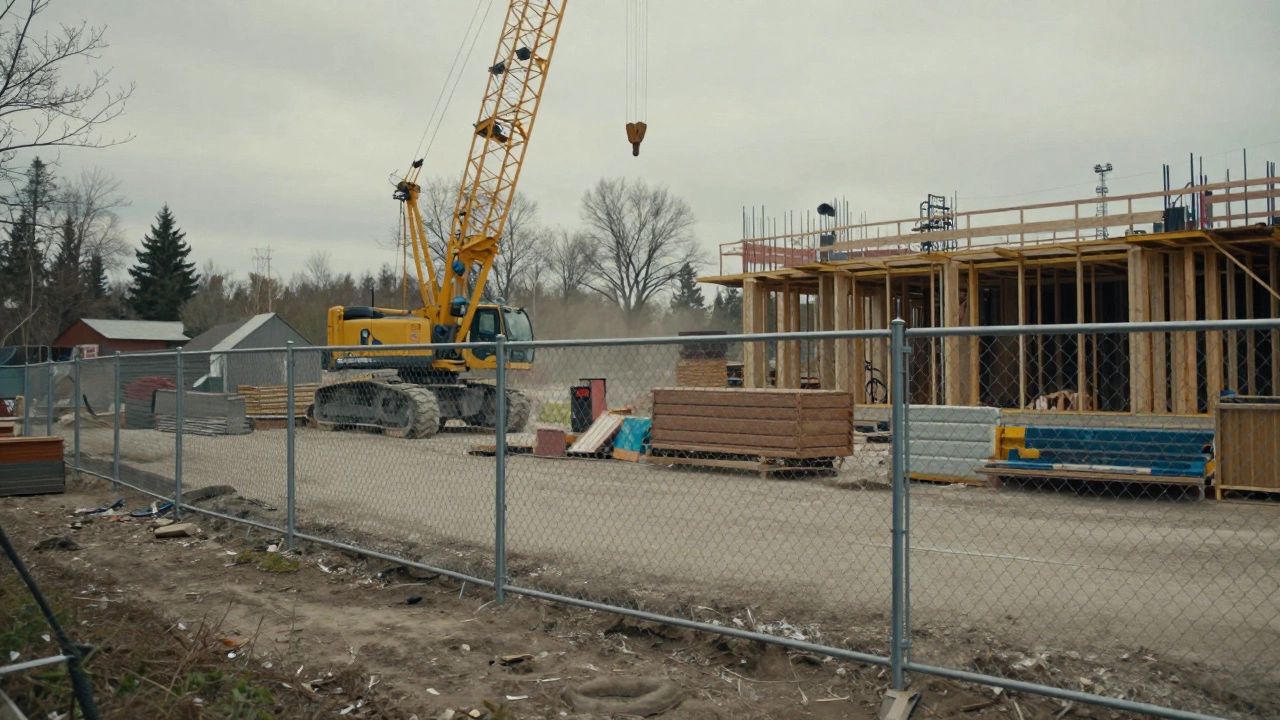 Временный забор из сетки вокруг строительной площадки с техникой.