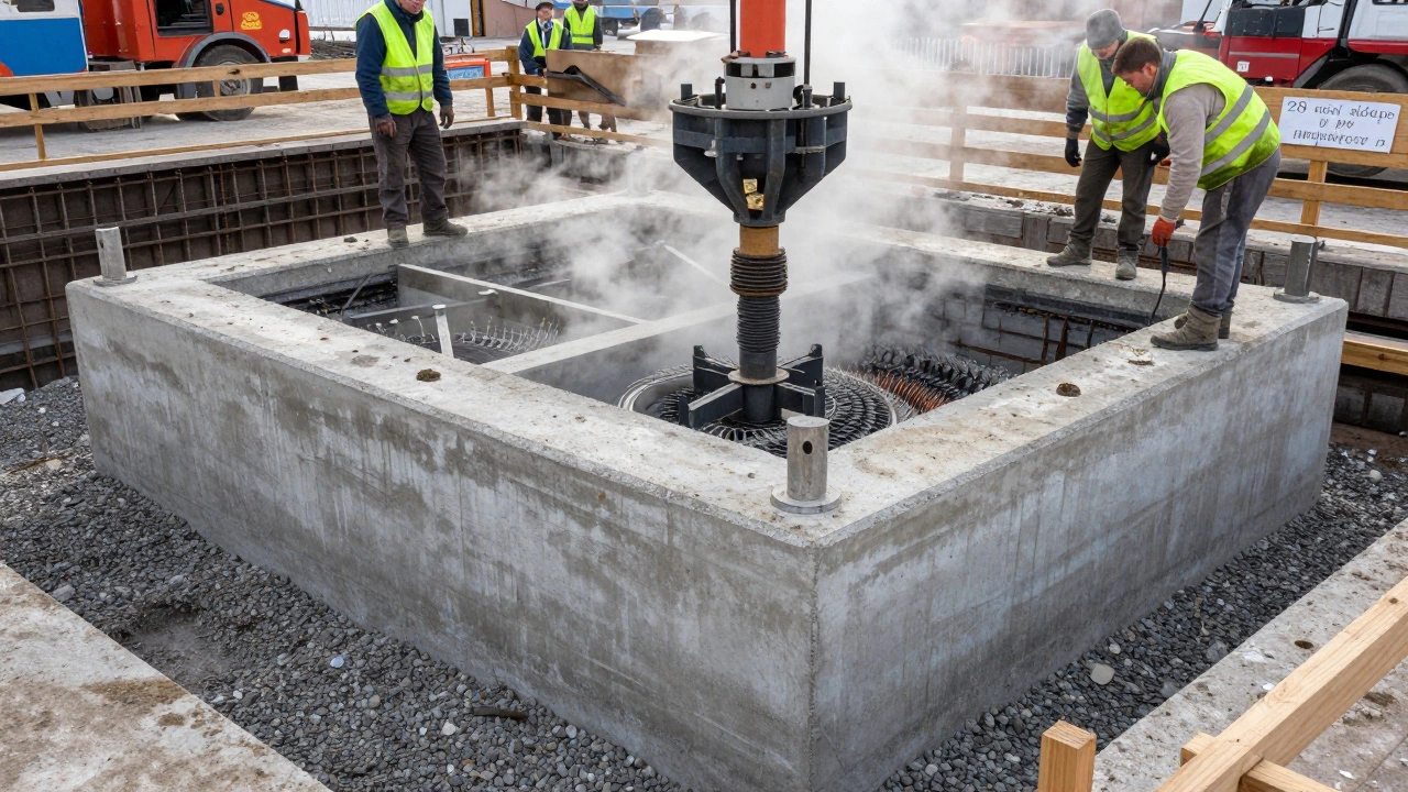 Заливка монолитного фундамента с вибрацией и подушкой из песка и щебня в холодную погоду.