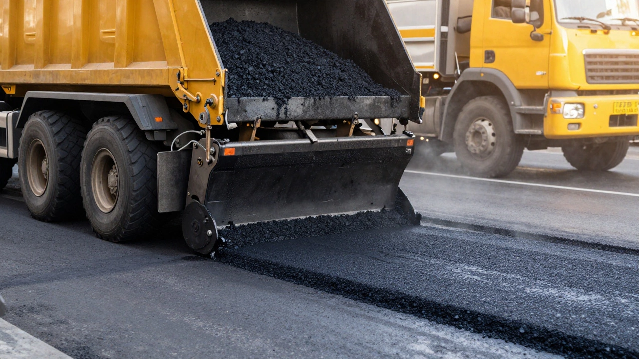 Асфальтоукладчик распределяет горячую смесь на городскую улицу
