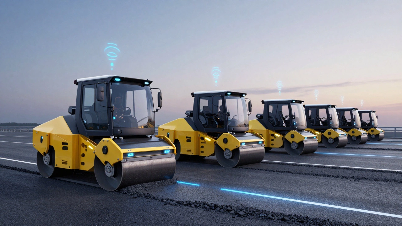 Беспилотные катки и машина для ресайклинга на современной трассе