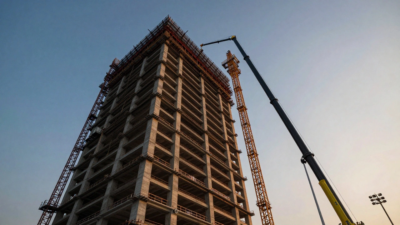 Бетононасос и система скользящей опалубки при строительстве небоскреба