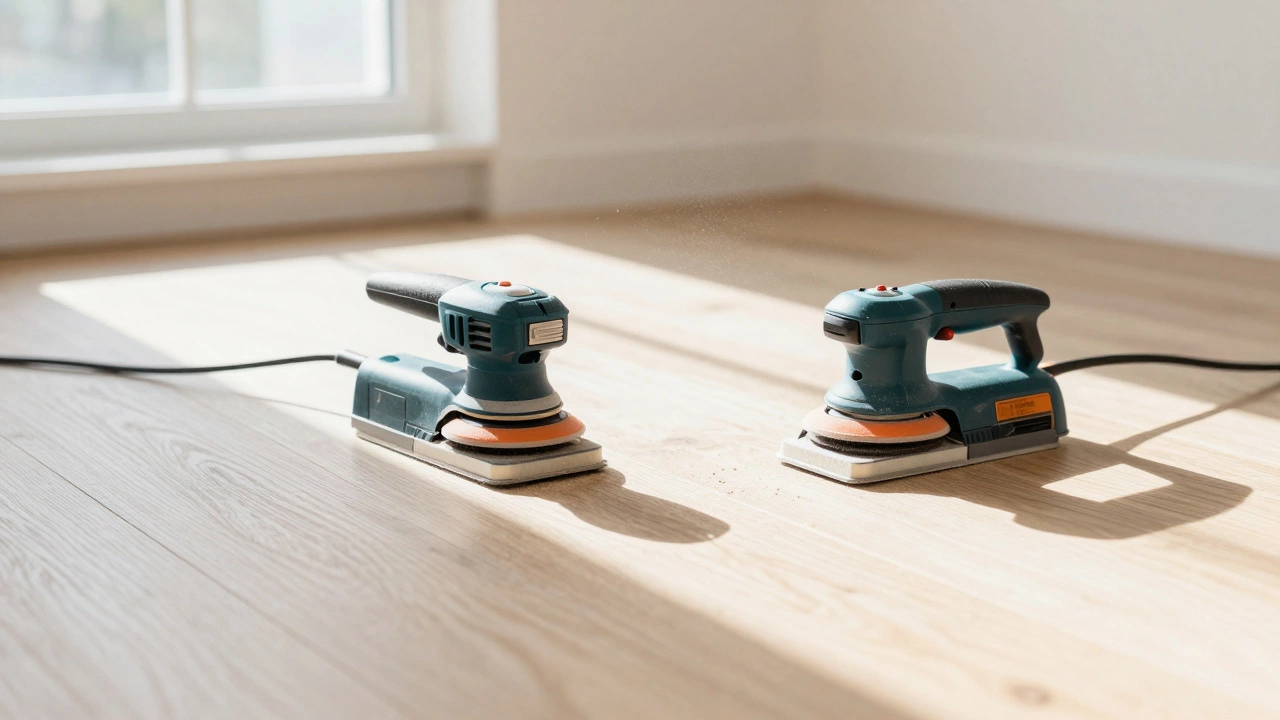 Эксцентриковая и ленточная шлифмашины на деревянном полу в светлой комнате