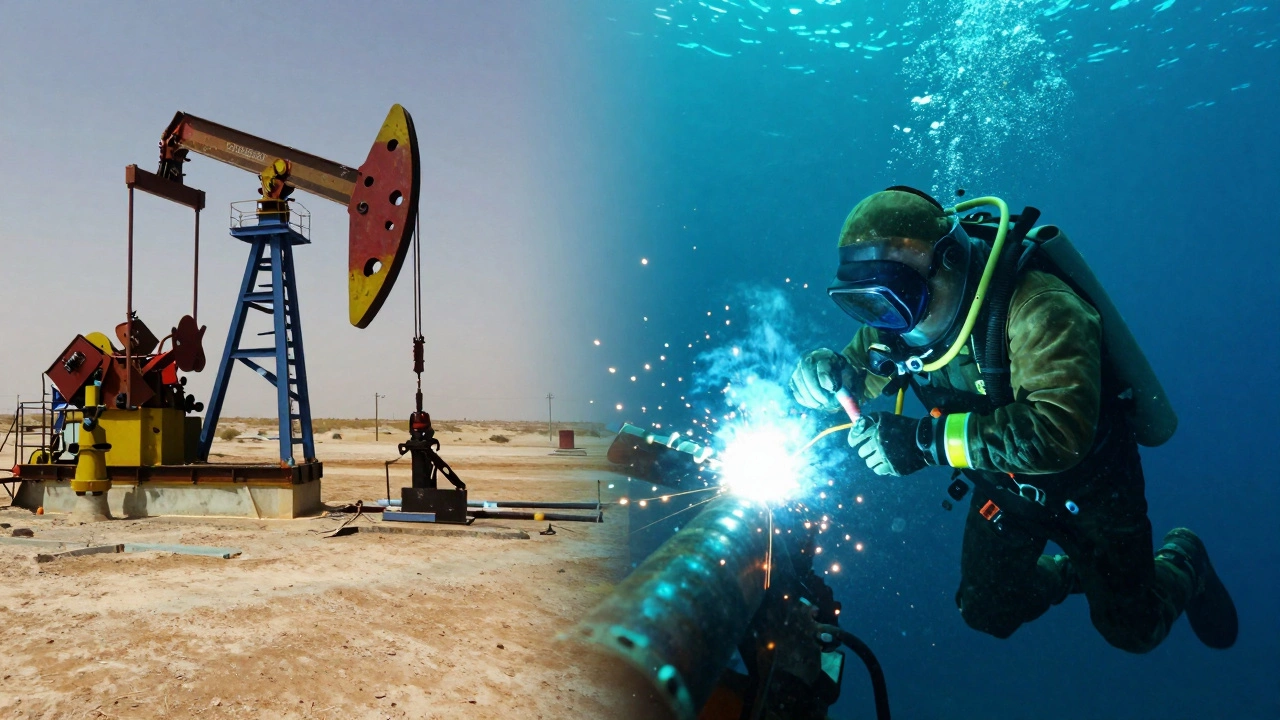 Коллаж: сварка нефтепровода в Техасе и подводные сварочные работы