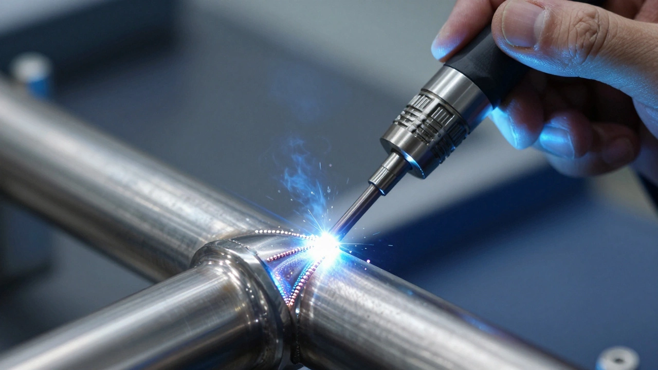 Крупный план процесса высокоточной TIG-сварки стальной трубы