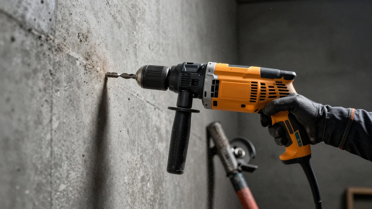 Перфоратор в действии при бурении бетонной стены с летящей пылью