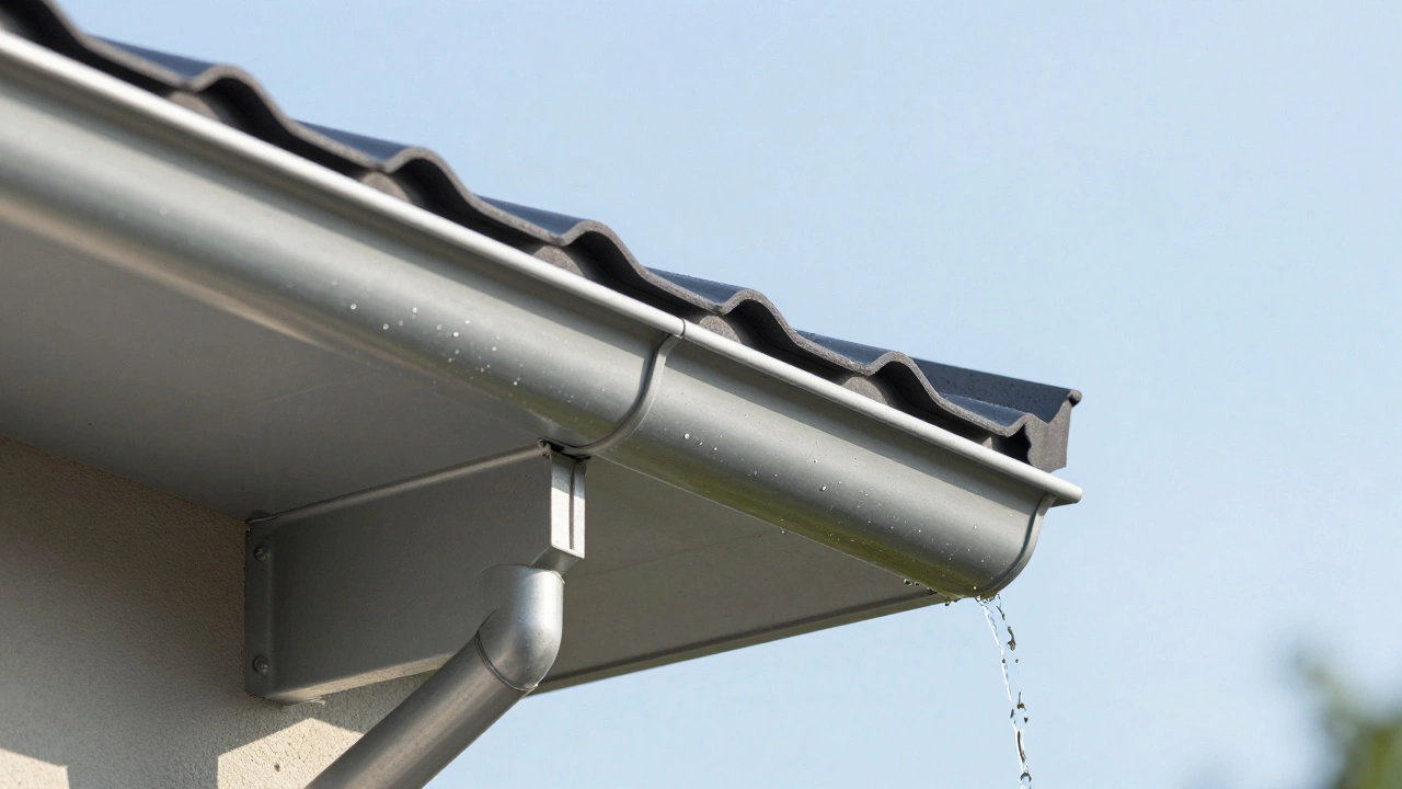 Правильно установленная водосточная система на краю навеса из поликарбоната