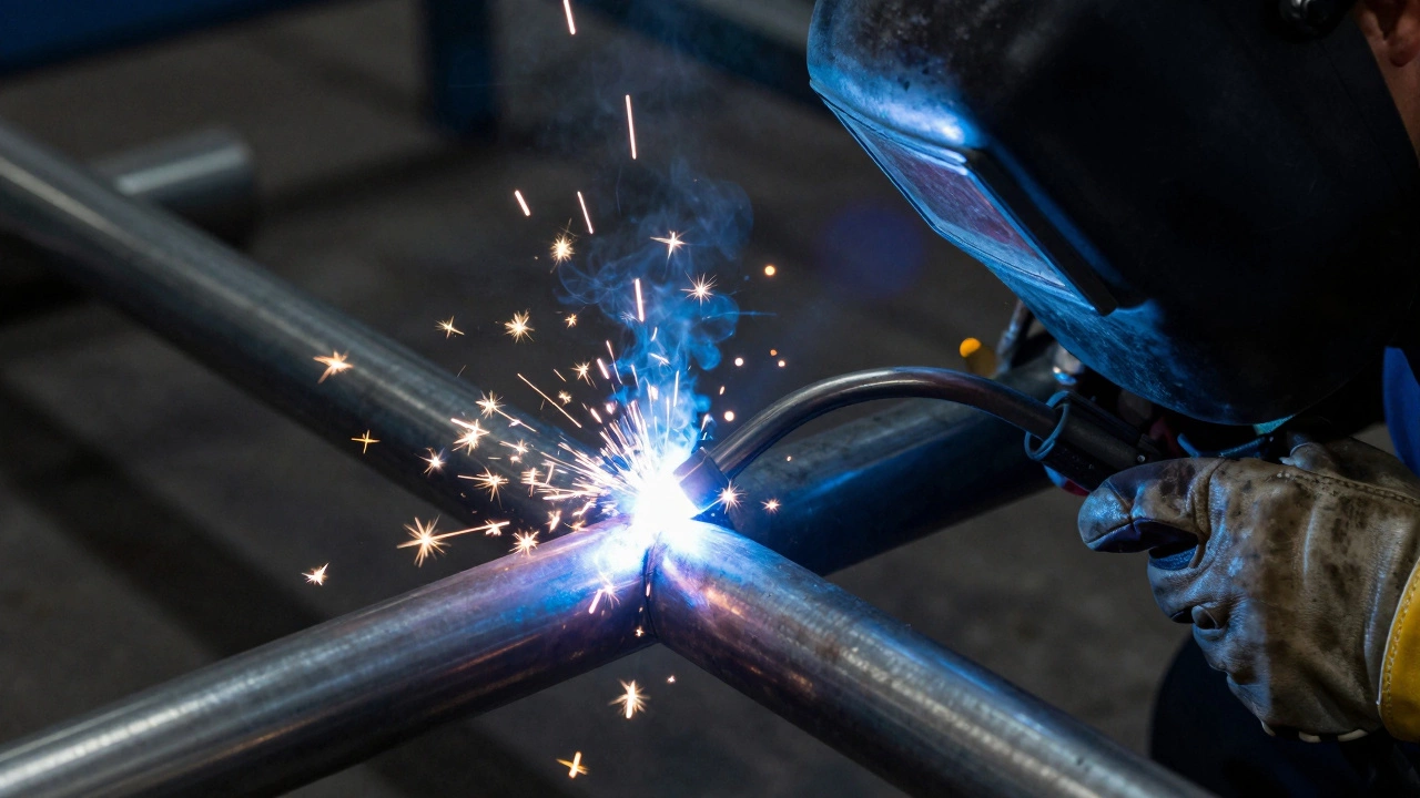 Процесс полуавтоматической сварки металла с яркой электрической дугой