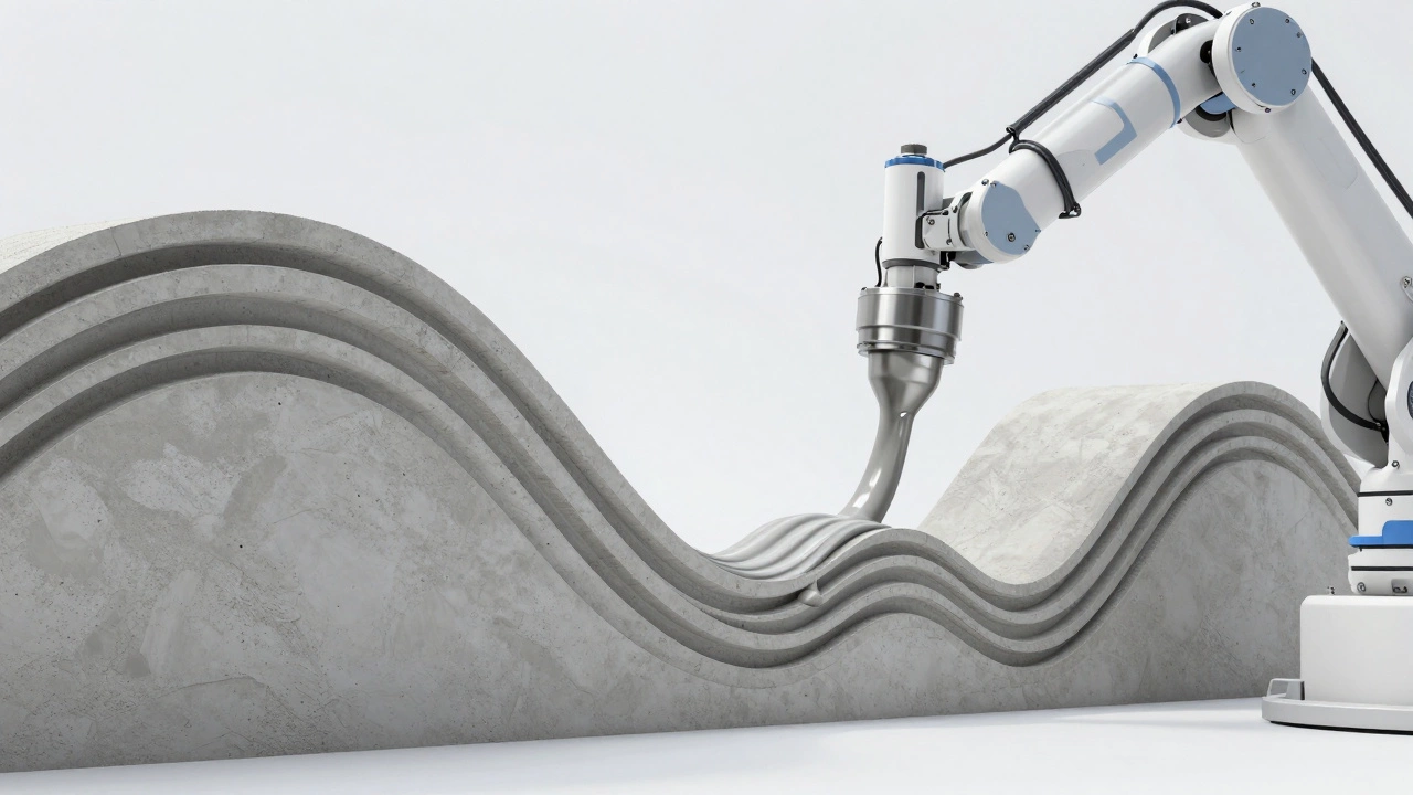 Промышленный 3D-принтер, печатающий стену из бетона с волнообразным дизайном