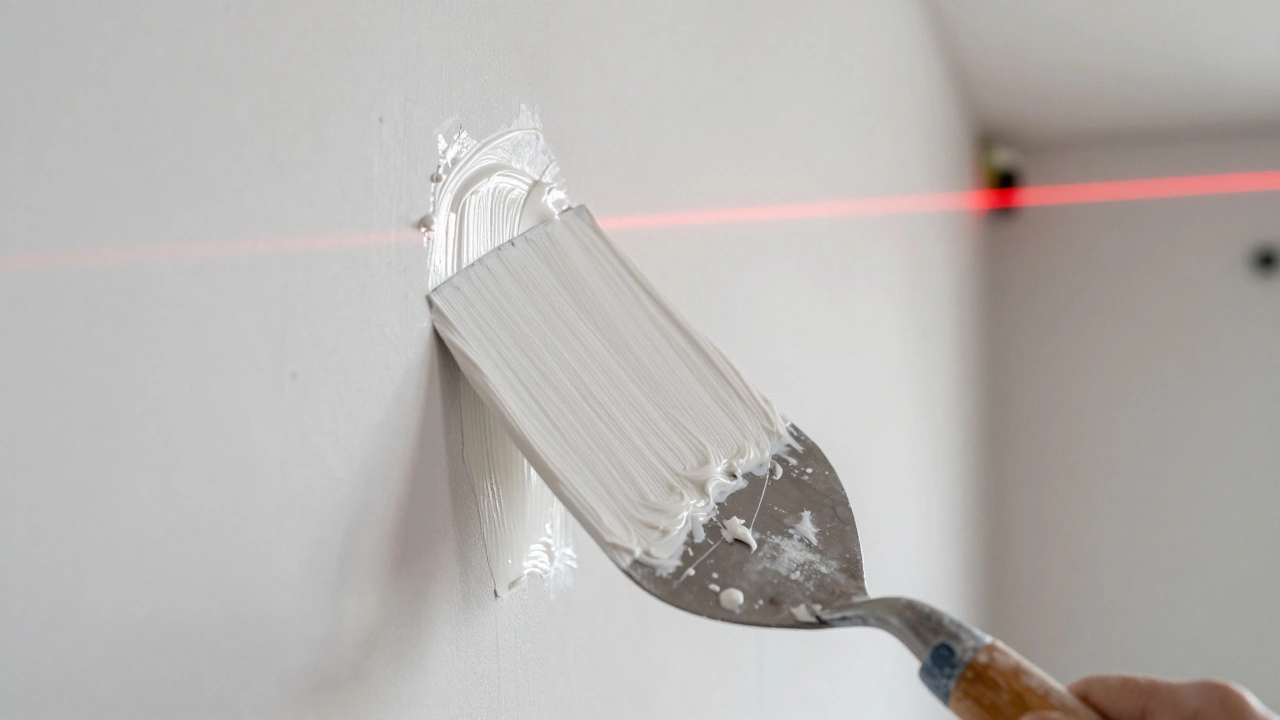 Шпатель наносит финишную шпаклевку на стену с красной линией лазерного уровня