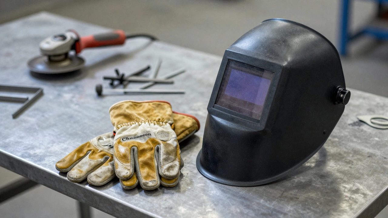 Сварочная маска-хамелеон и защитная одежда на рабочем столе