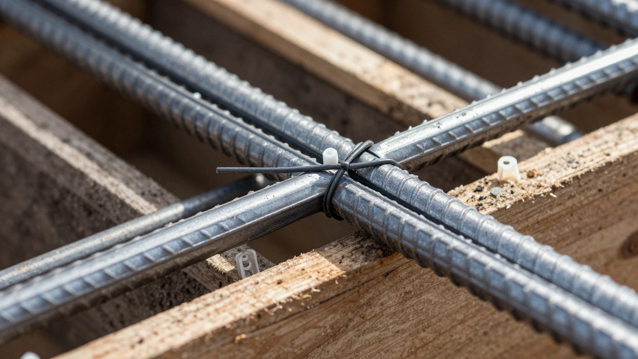 Узел перехлеста арматуры с пластиковыми фиксаторами в опалубке фундамента